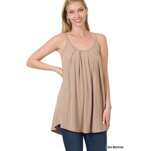Sleeveless Tank Top Tunic - Pleated Scoop Neck Casual Flowy Ash‎ Mocha Size M